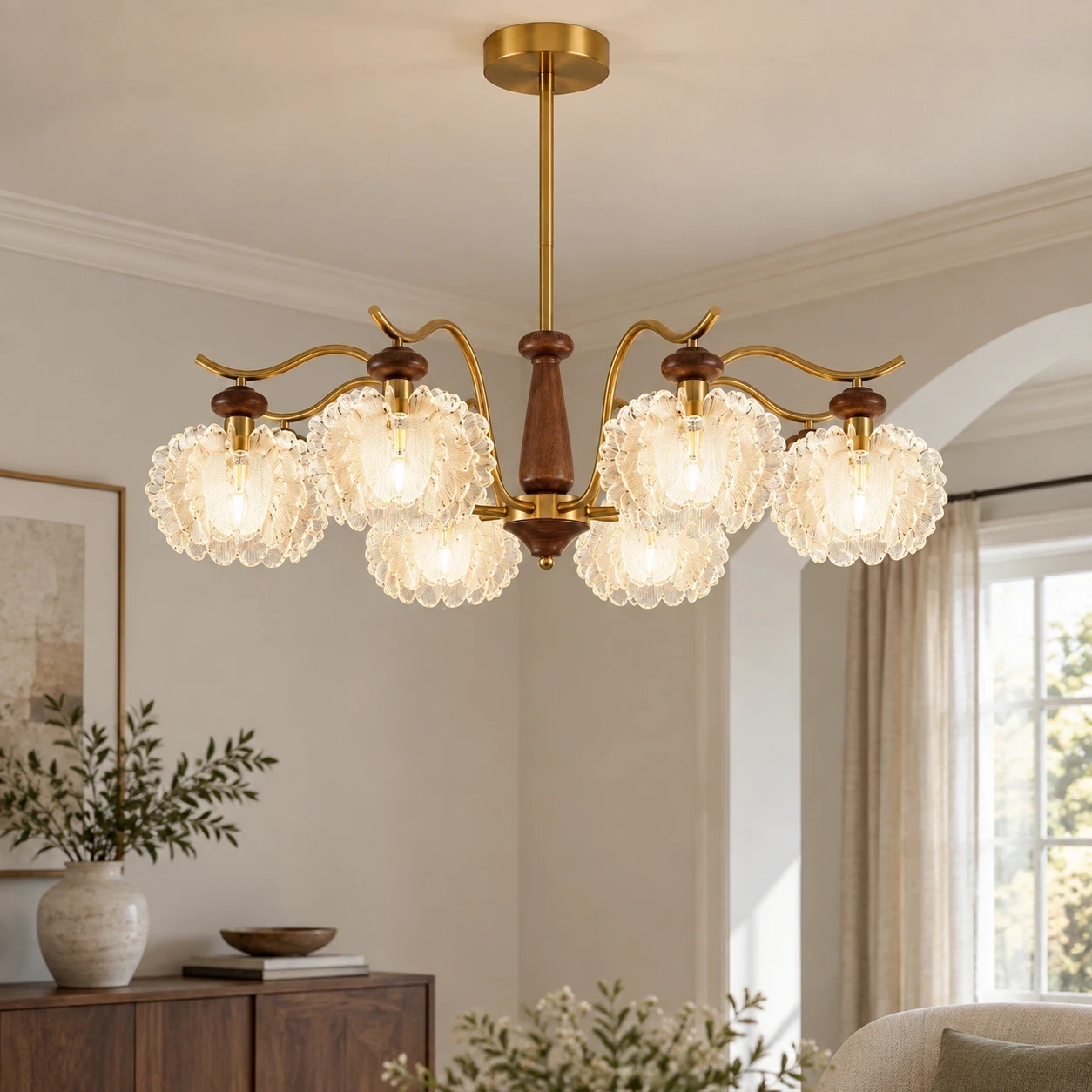 Wushlp Vintage Petal Acrylic Branch Chandelier above a dining table