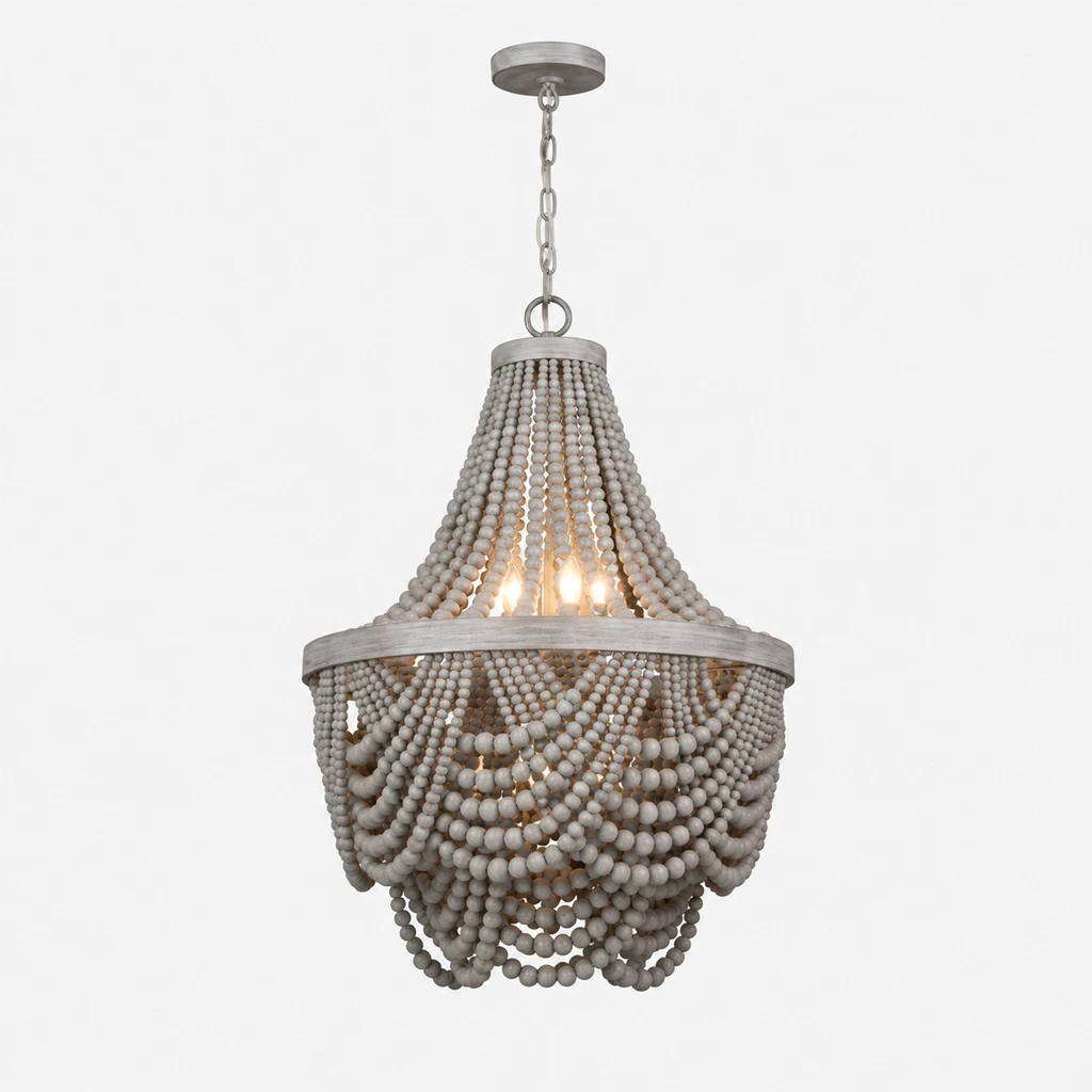 Nordic Gray Wood Beaded Chandelier illuminated in a neutral studio