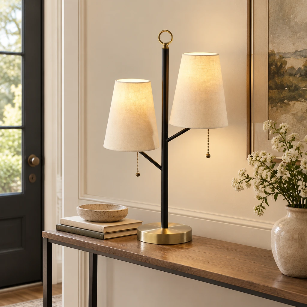 Modern metal flush-mount ceiling light installed over an entry console