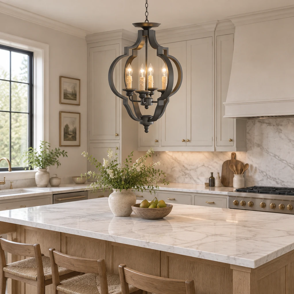 Ridgeway lantern chandelier above a kitchen island