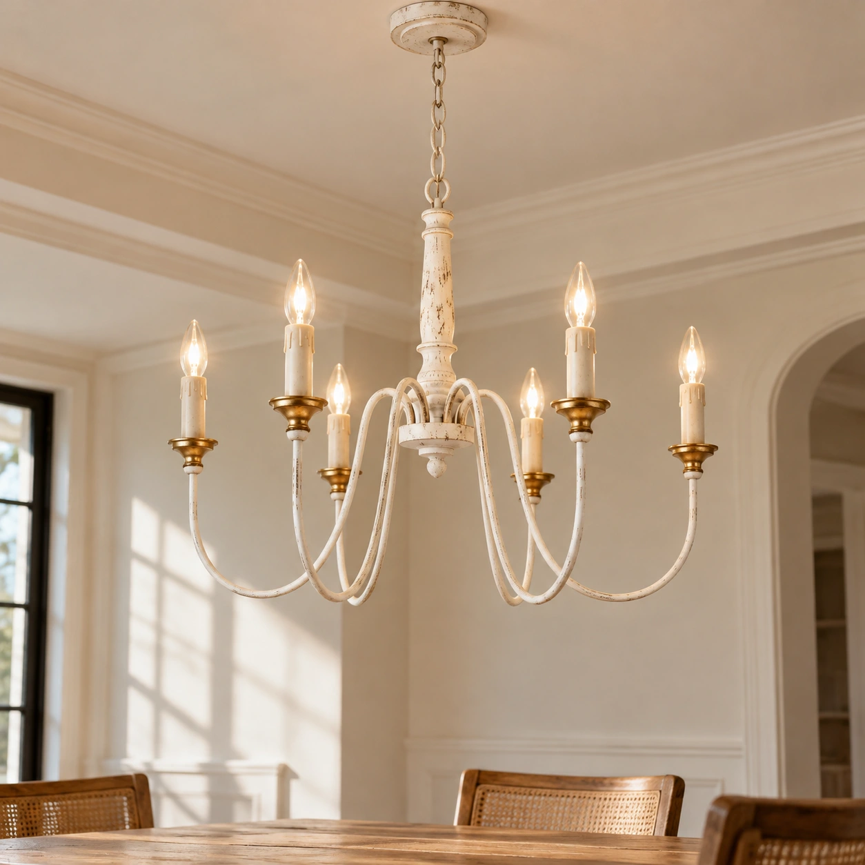 Isabelle six-arm wood and iron chandelier scene 03 dining close