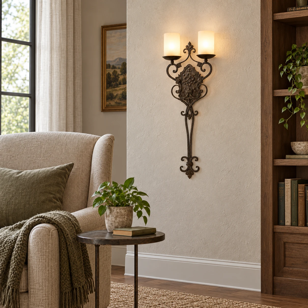 American Rustic Iron Wall Light in a reading corner with a textured wall and quiet natural daylight
