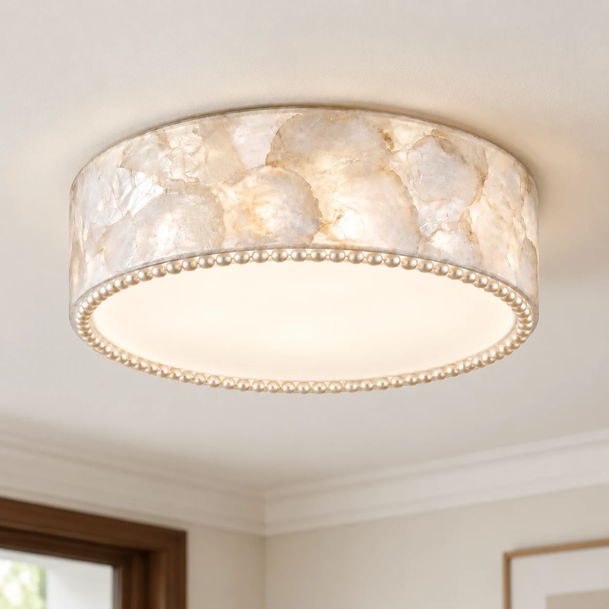 Amelie shell and faux-pearl flush mount hero