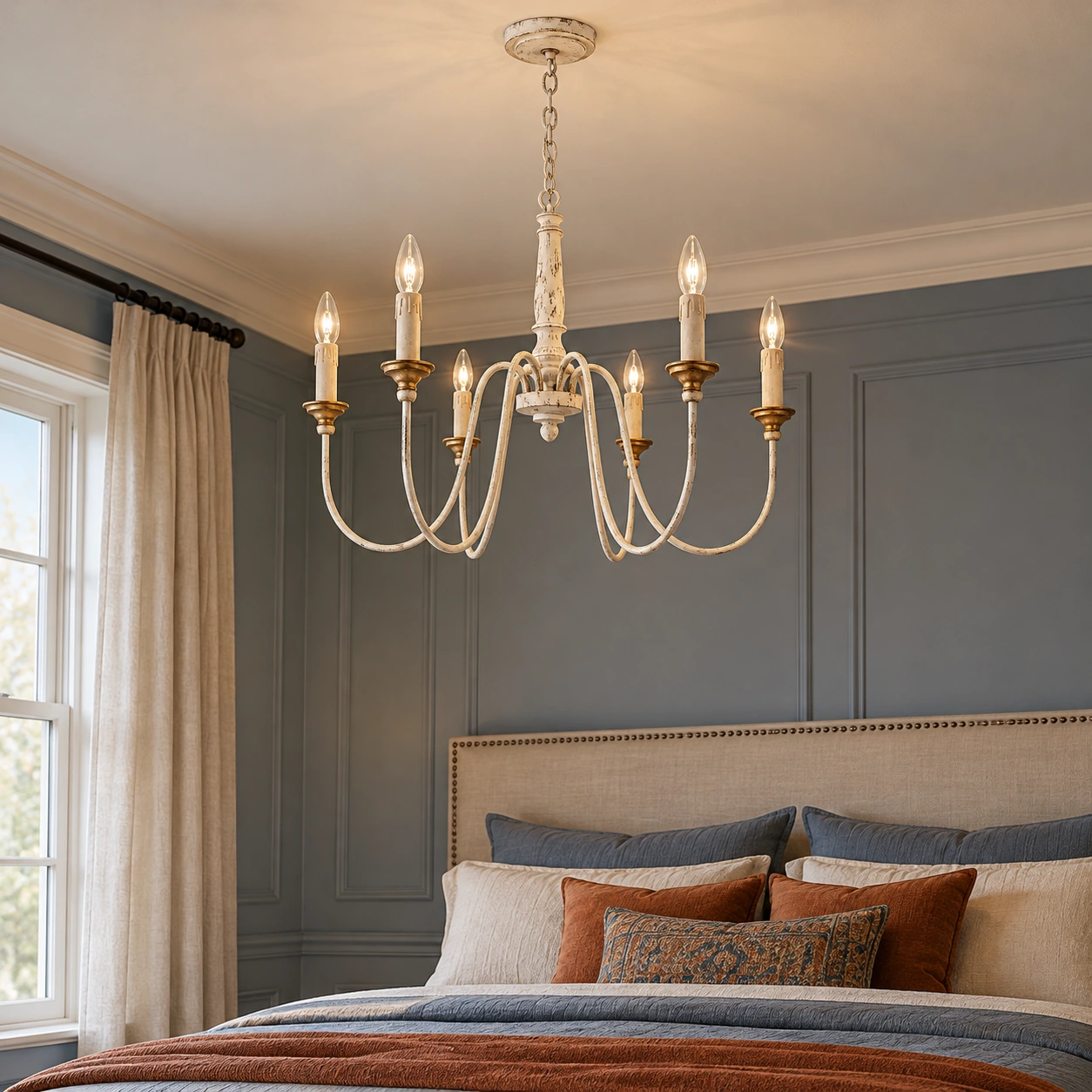 Isabelle six-arm wood and iron chandelier scene 05 bedroom