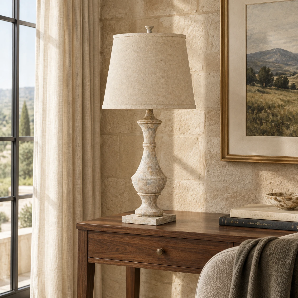 Carved wood table lamp on a writing console in a hotel suite