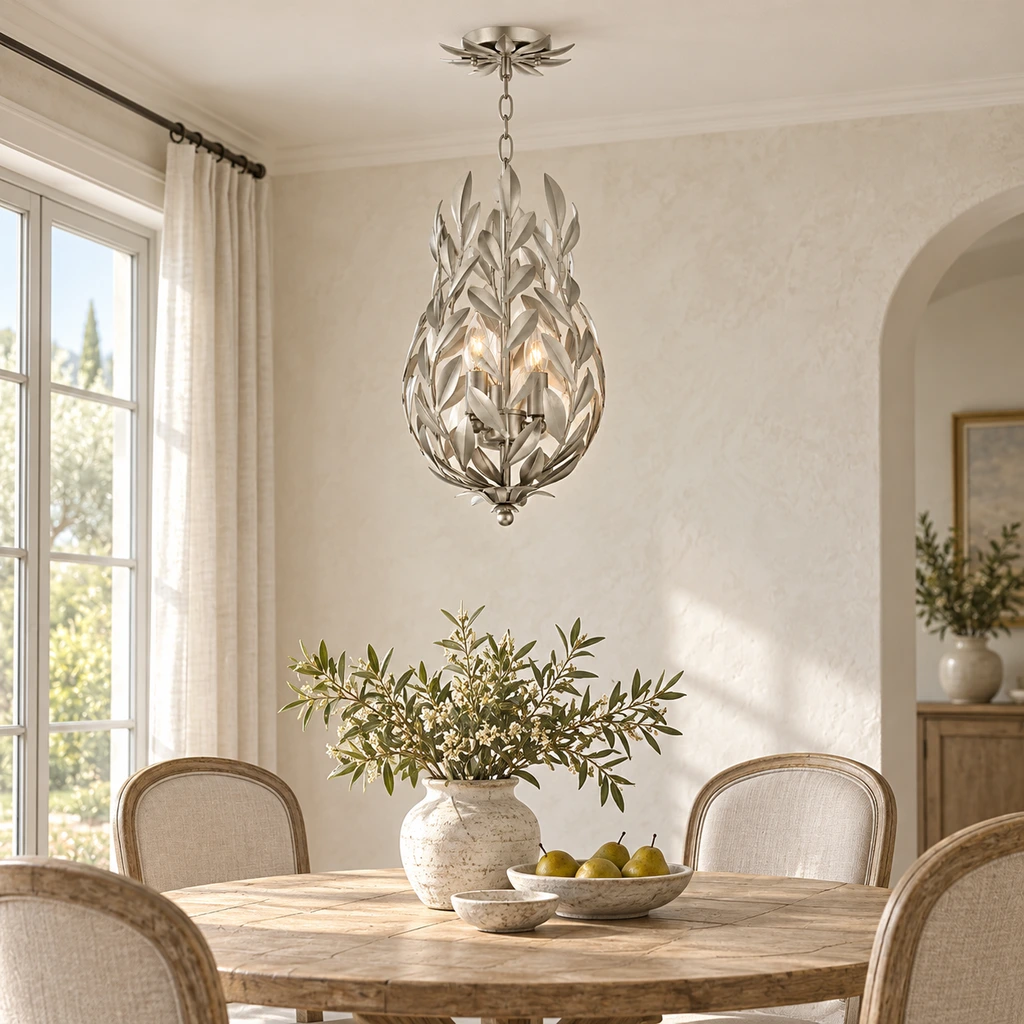 Silver leaf Aurelia pendant light installed in a bright French-country dining nook