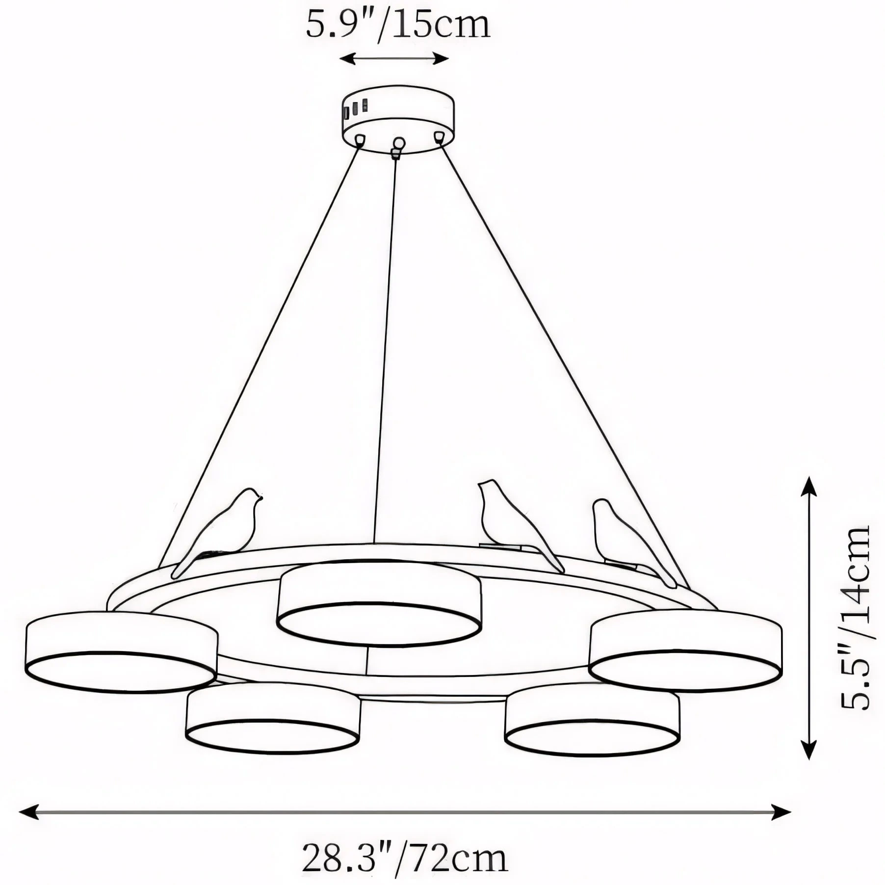 Dessin original Cadmus 5 lumières : diamètre 72 cm, hauteur du corps 14 cm, rosace 15 cm