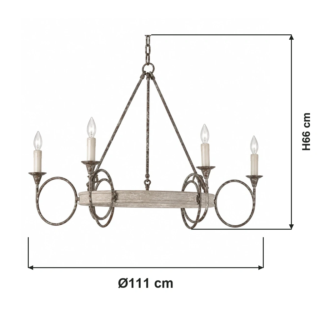 Verified 6-light chandelier dimensions: 111 cm diameter and 66 cm height