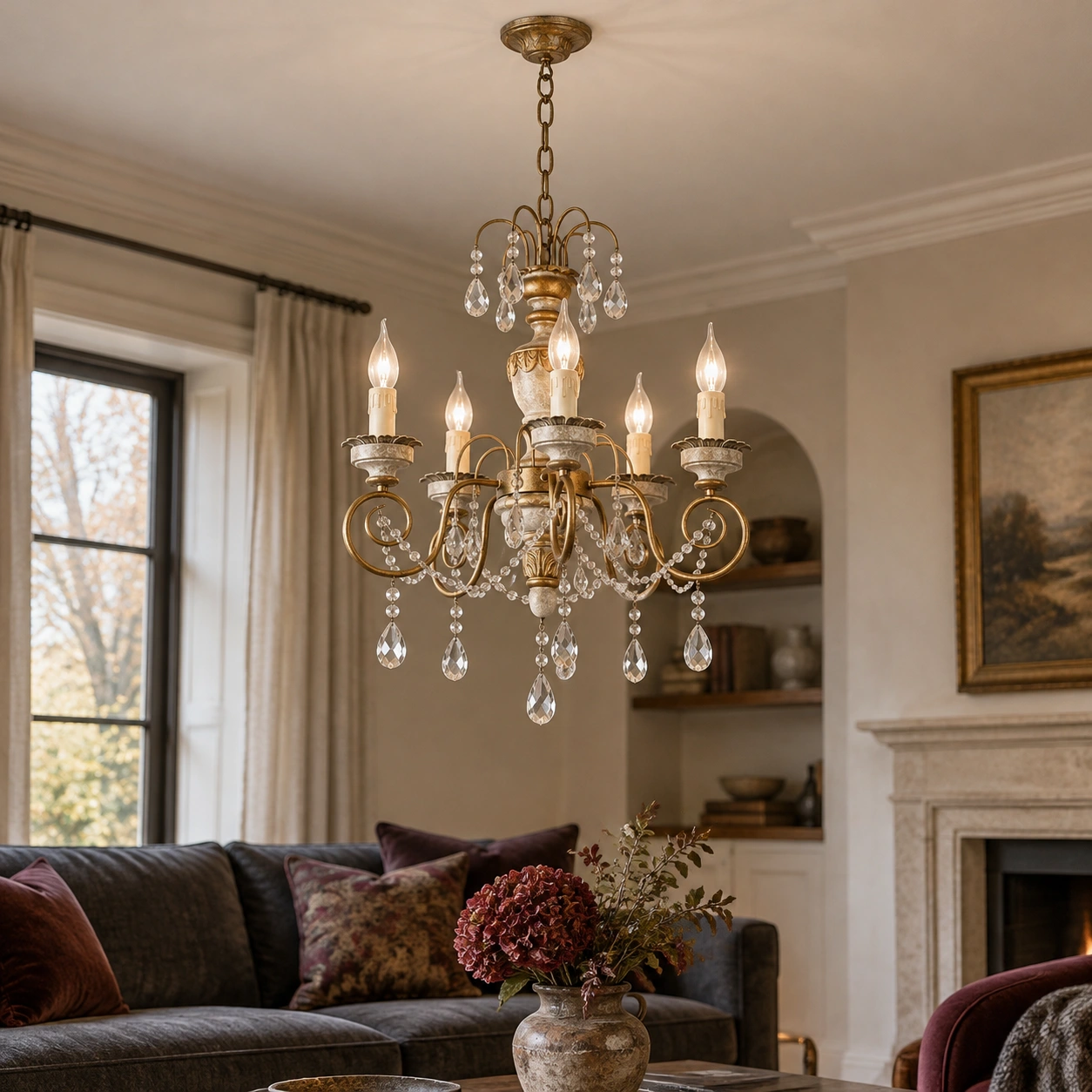 Edward five-light iron and crystal chandelier scene 06 lounge