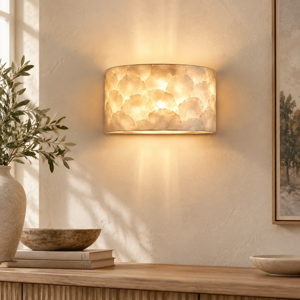 Odette Vintage Layered Shell Iron Wall Sconce in a study or console setting