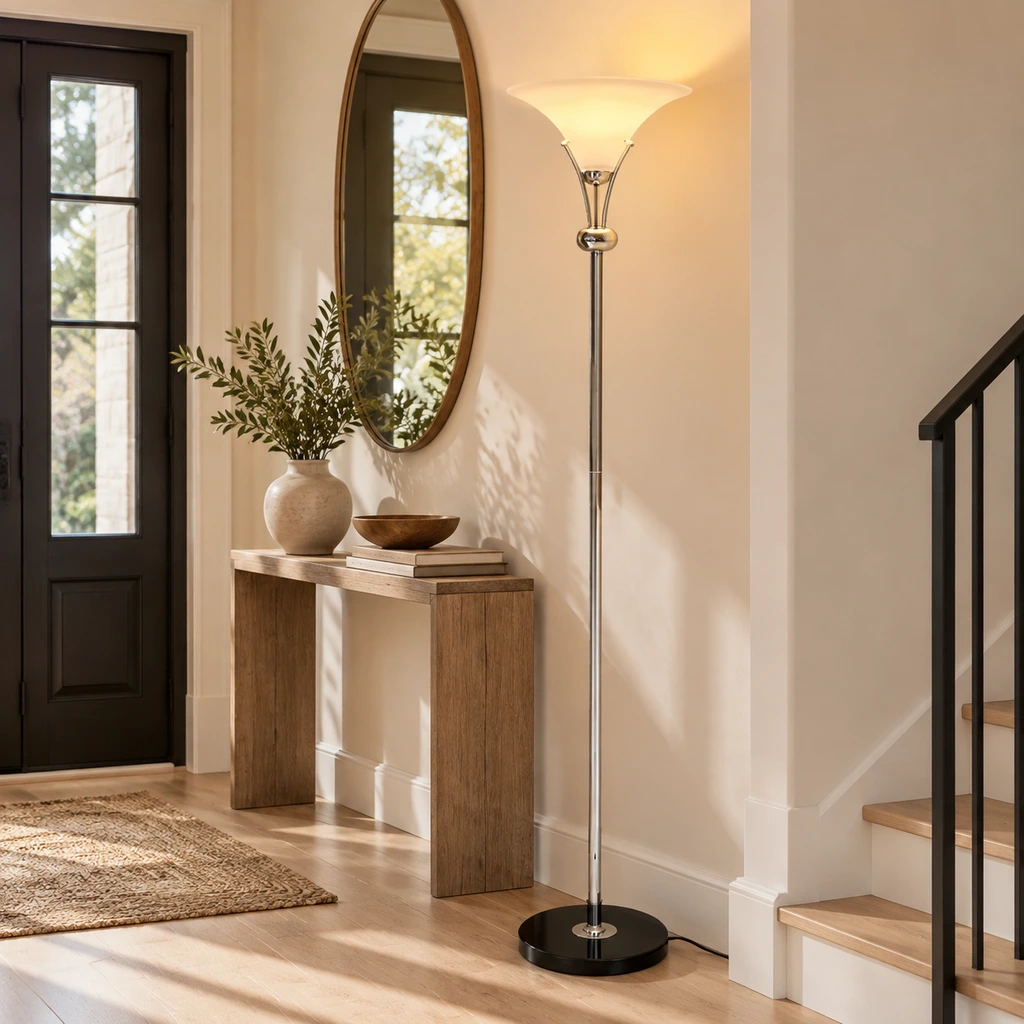 Uplight floor lamp beside an entry console and stair