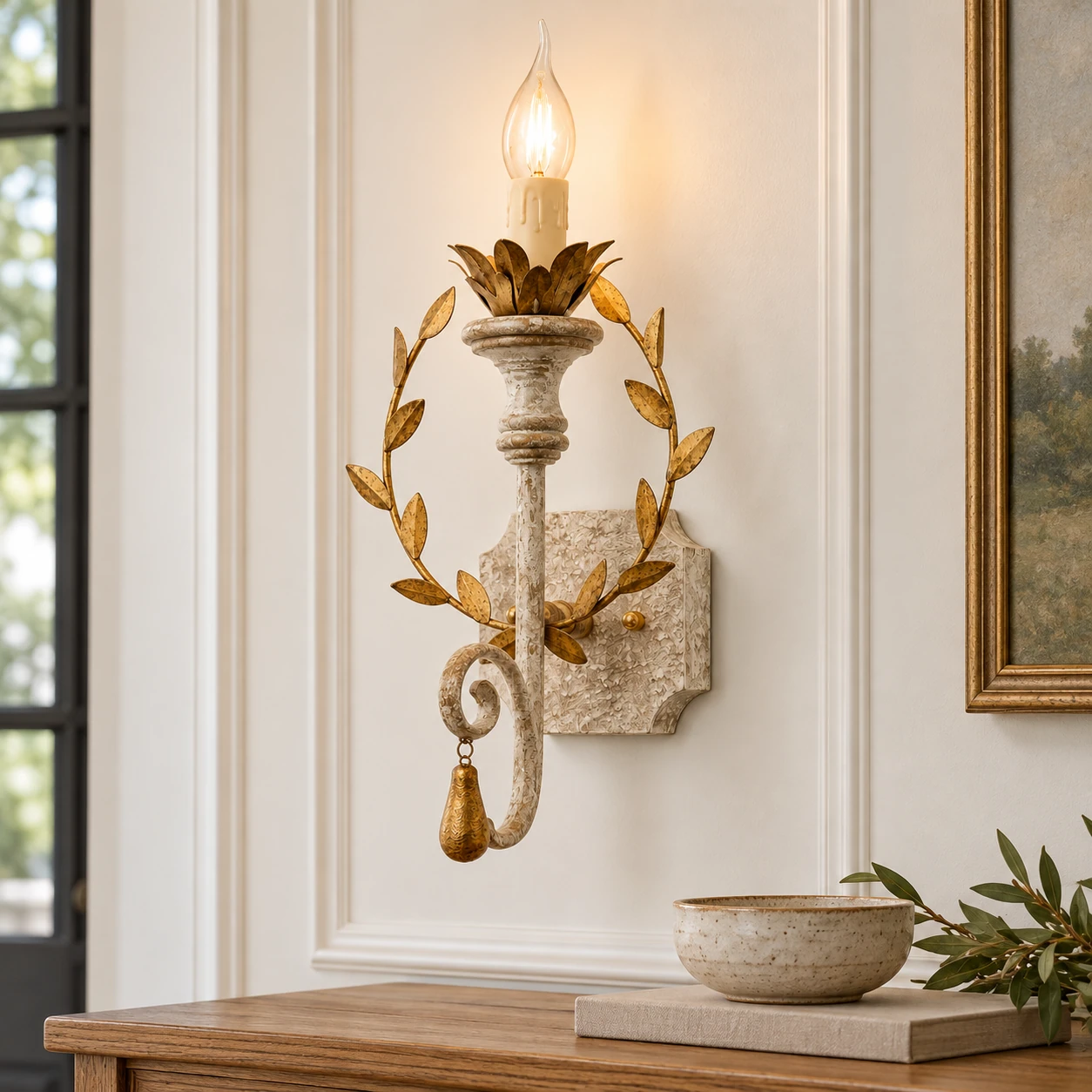 Nora rustic leaf-wreath wall sconce in an entryway