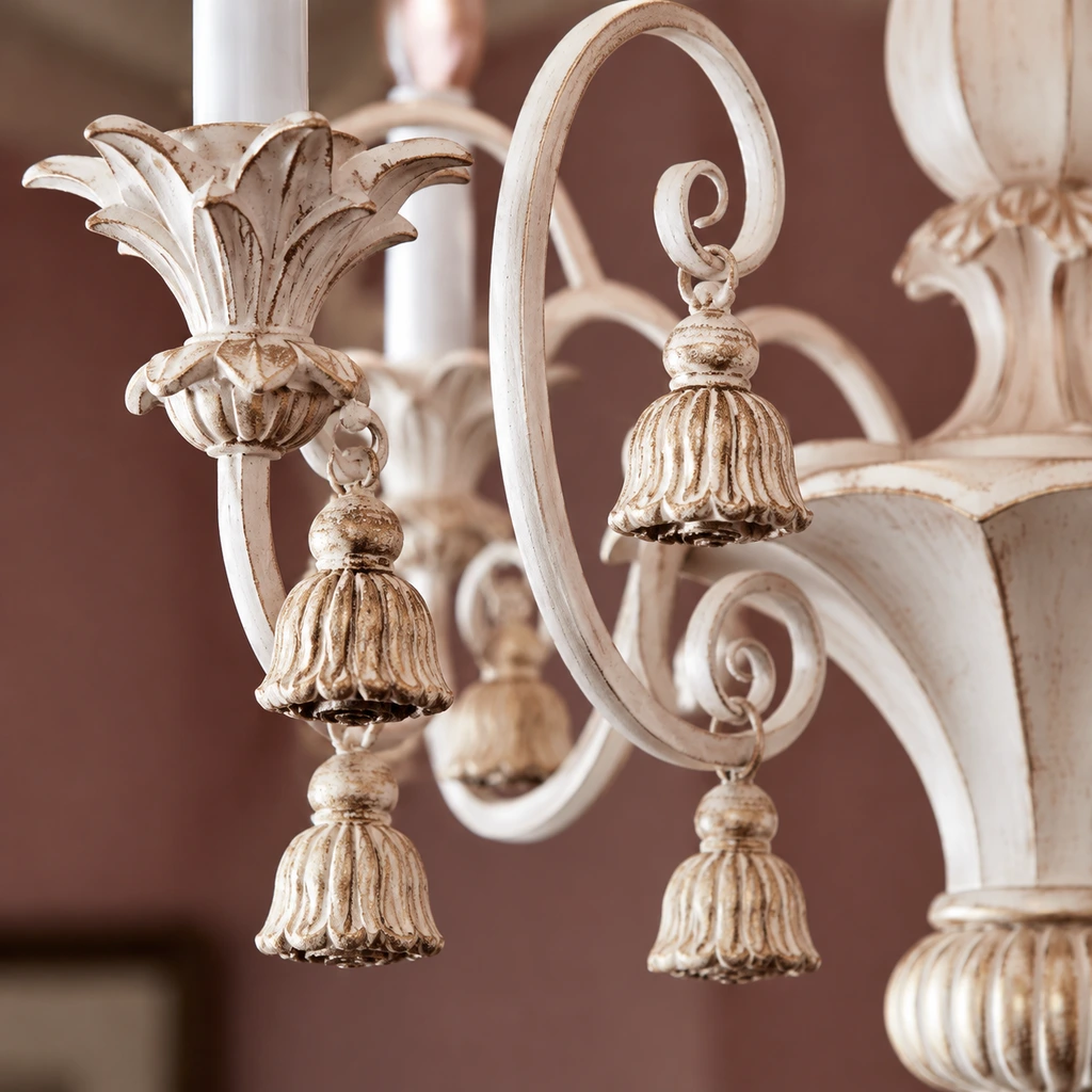 Close detail of Bellamy hanging bell ornaments and curved branches