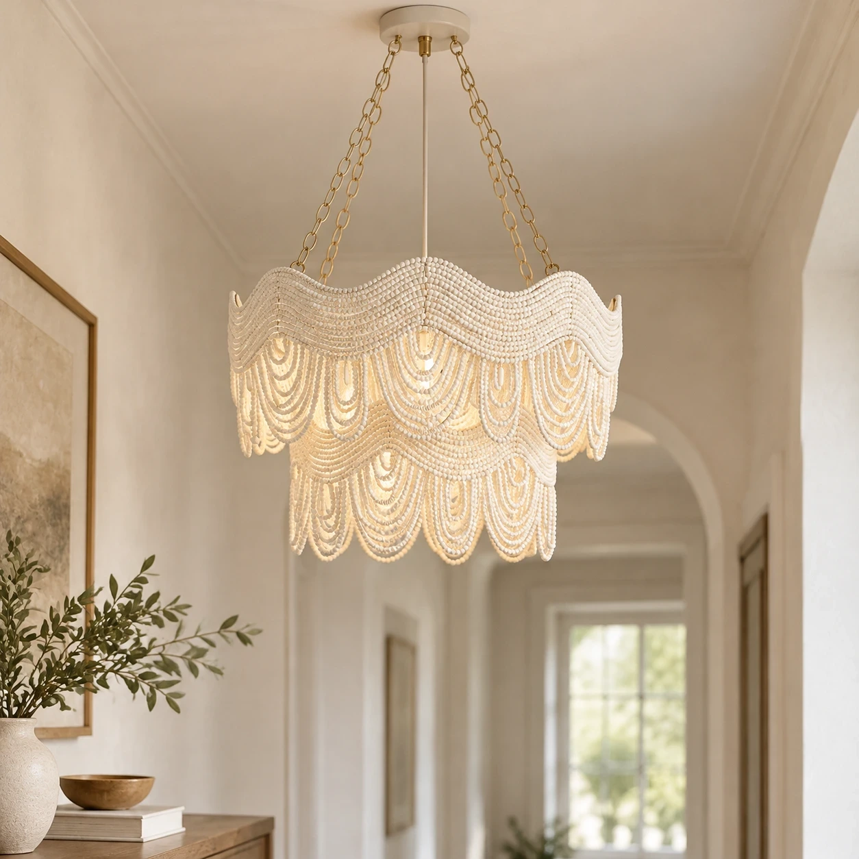 Clara Vintage Minimal Wood and Metal Pendant Light in a refined boutique hallway