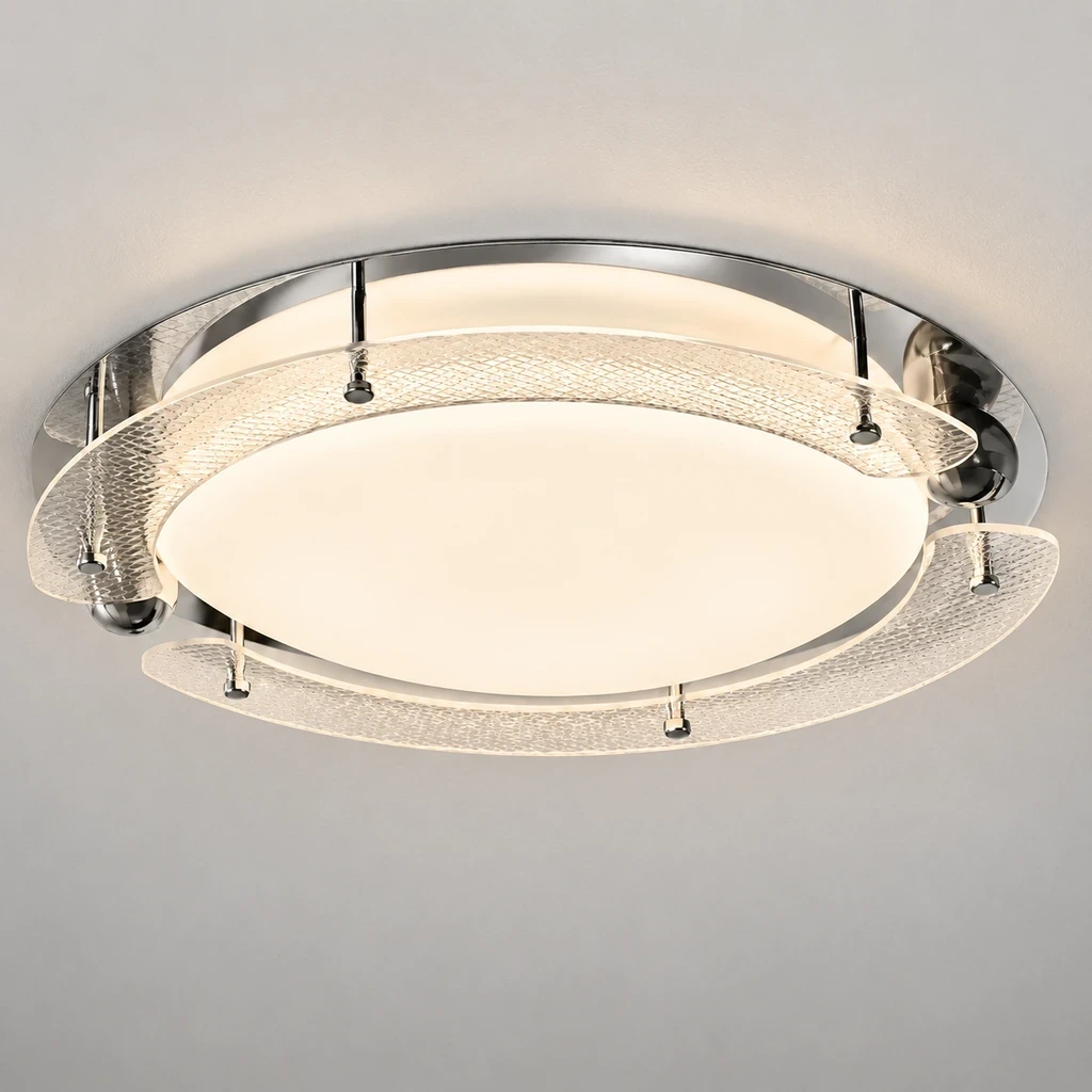 Iris Bauhaus Orbital Acrylic Alloy Flush Mount switched on in a neutral studio