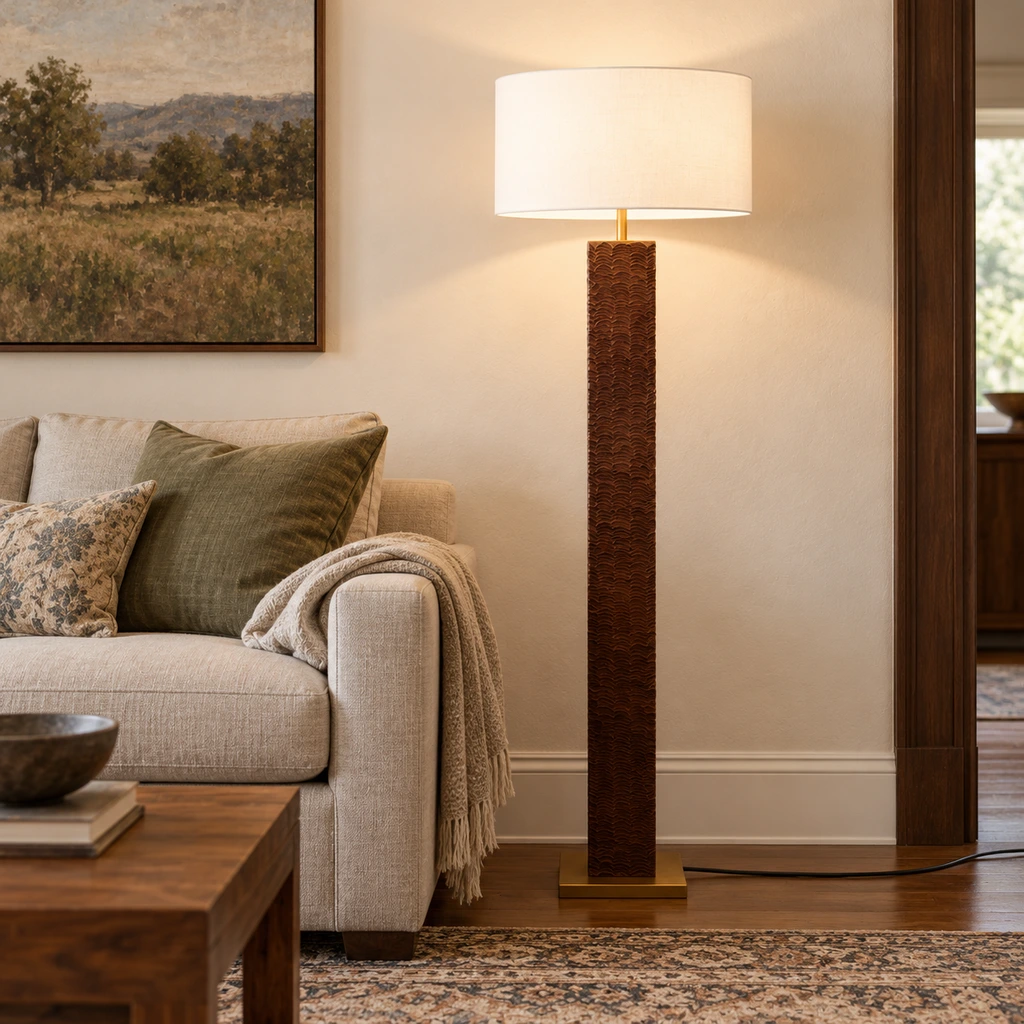 Nora textured wood floor lamp beside an oatmeal sofa
