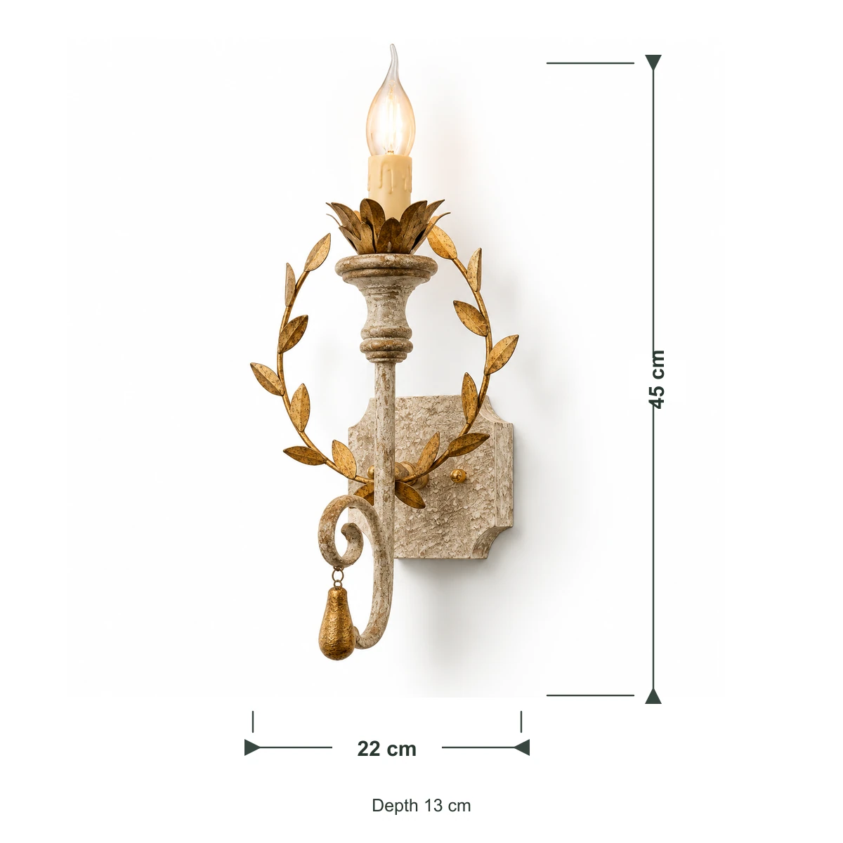Nora wall sconce dimension diagram showing 22 cm width and 45 cm height
