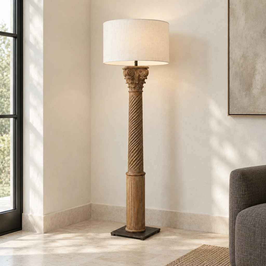 Alden carved wood floor lamp in a pale architectural corner