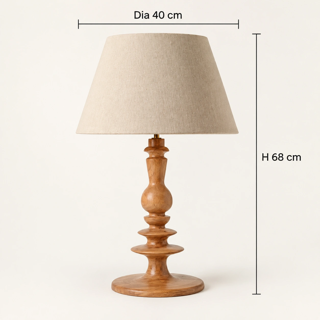 Rustic wooden table lamp dimensions: Dia 40 cm, H 68 cm