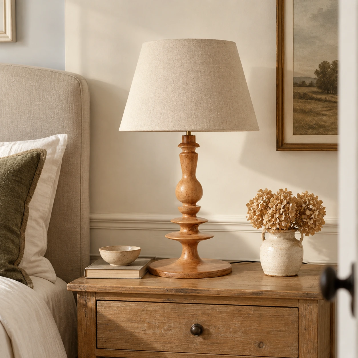Lampe de table rustique en bois dans un salon chaleureux