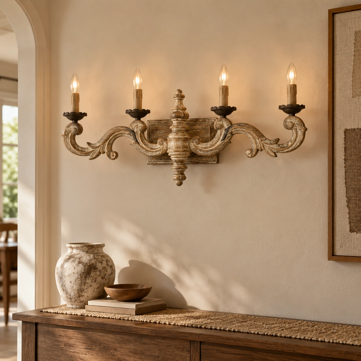 Avery carved solid wood wall sconce scene 04 entry