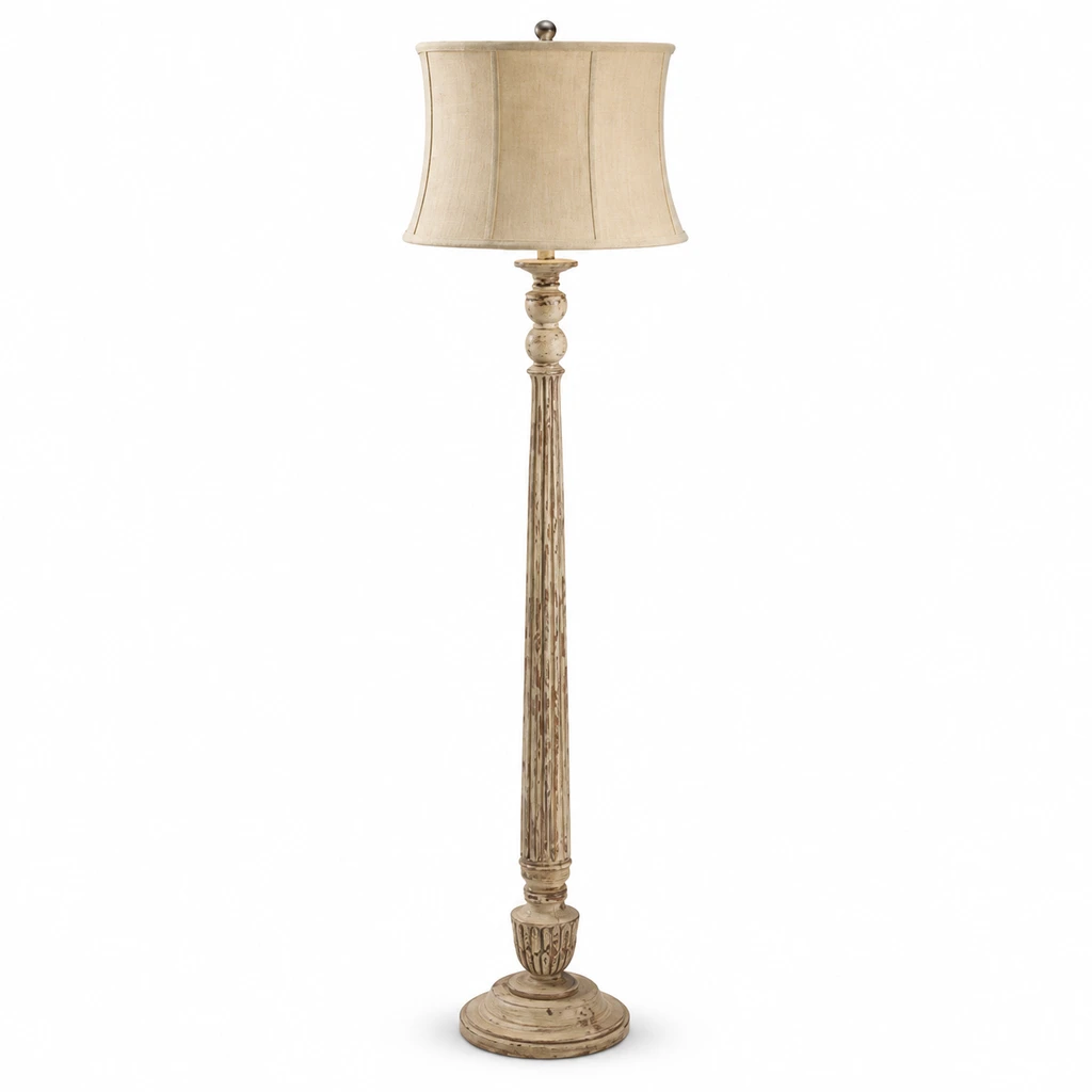 Margot fluted carved wood floor lamp on a clean white background