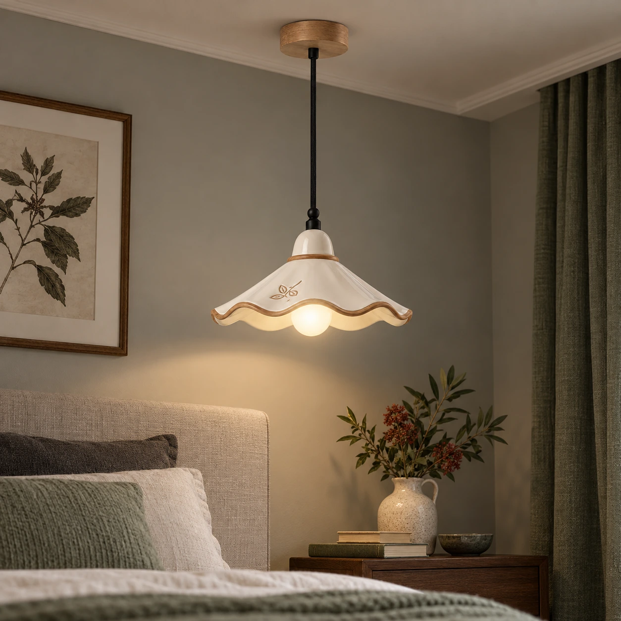 Eliseo French Vintage Scalloped Ceramic and White Ash Wood Pendant Light in a second bedroom setting