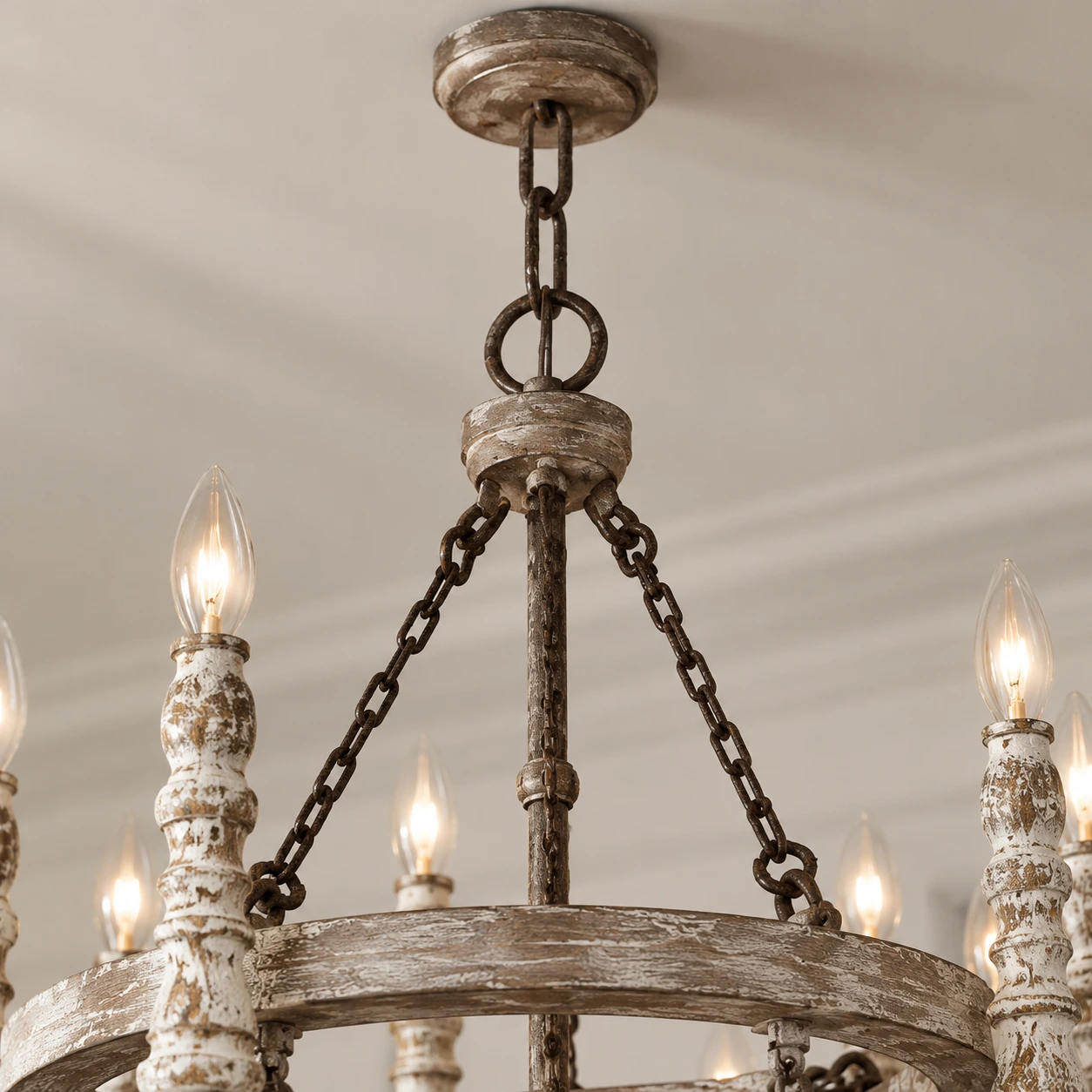Mira Rustic Carved Wood Chandelier — 10 detail chain frame