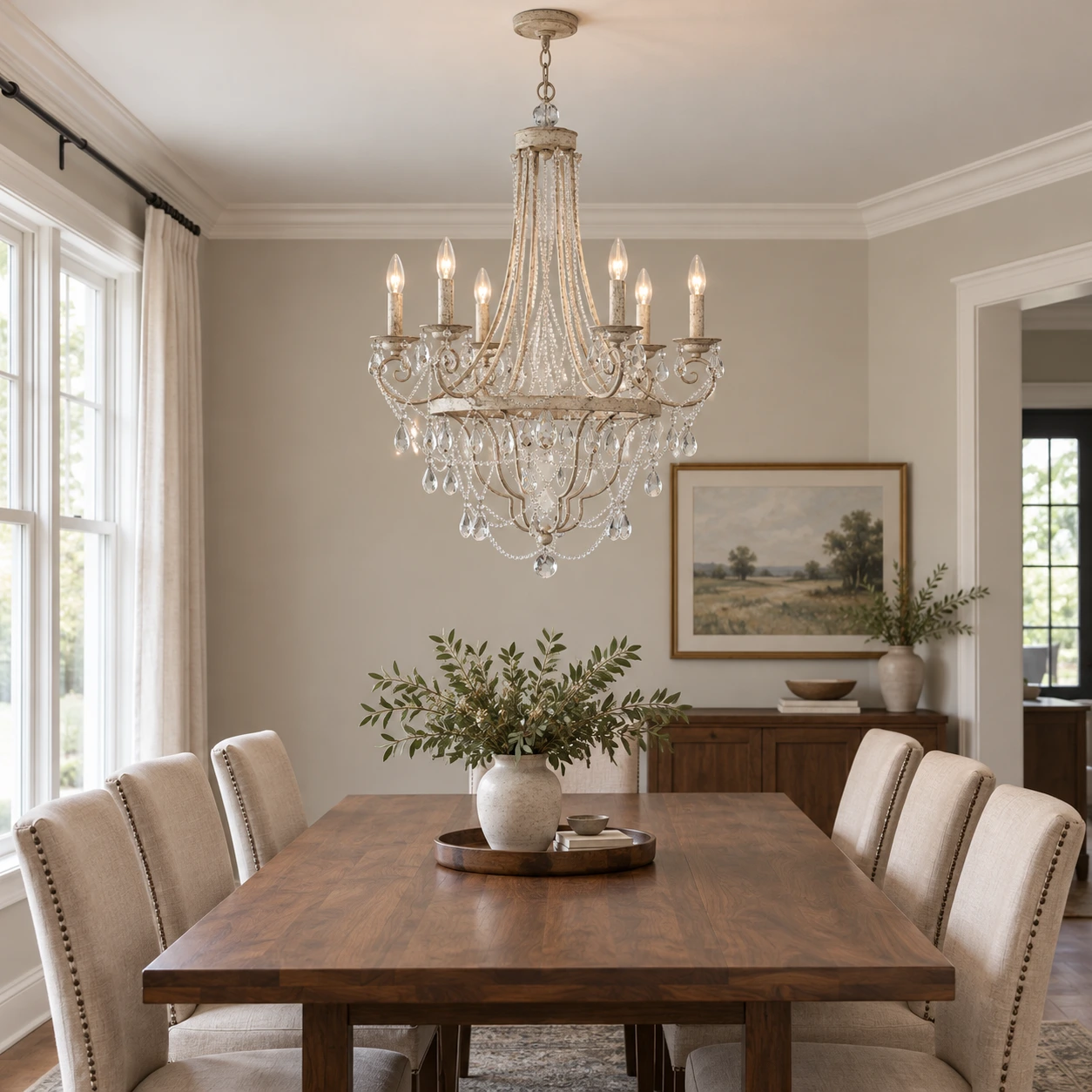 Maeve crystal iron chandelier in a residential entryway