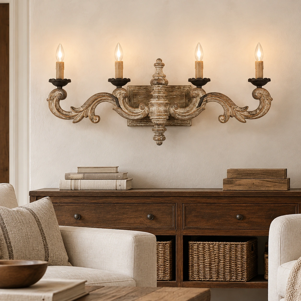 Avery carved solid wood wall sconce scene 01 living