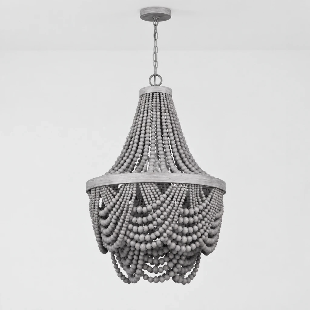 Nordic Gray Wood Beaded Chandelier switched off in a neutral studio