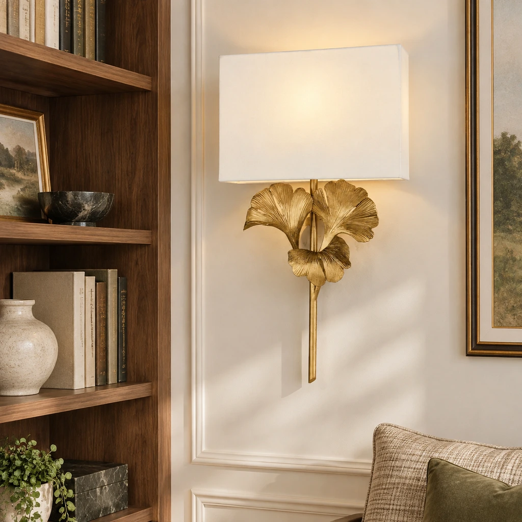 Modern gold ginkgo leaf flush-mount ceiling light installed in a library nook