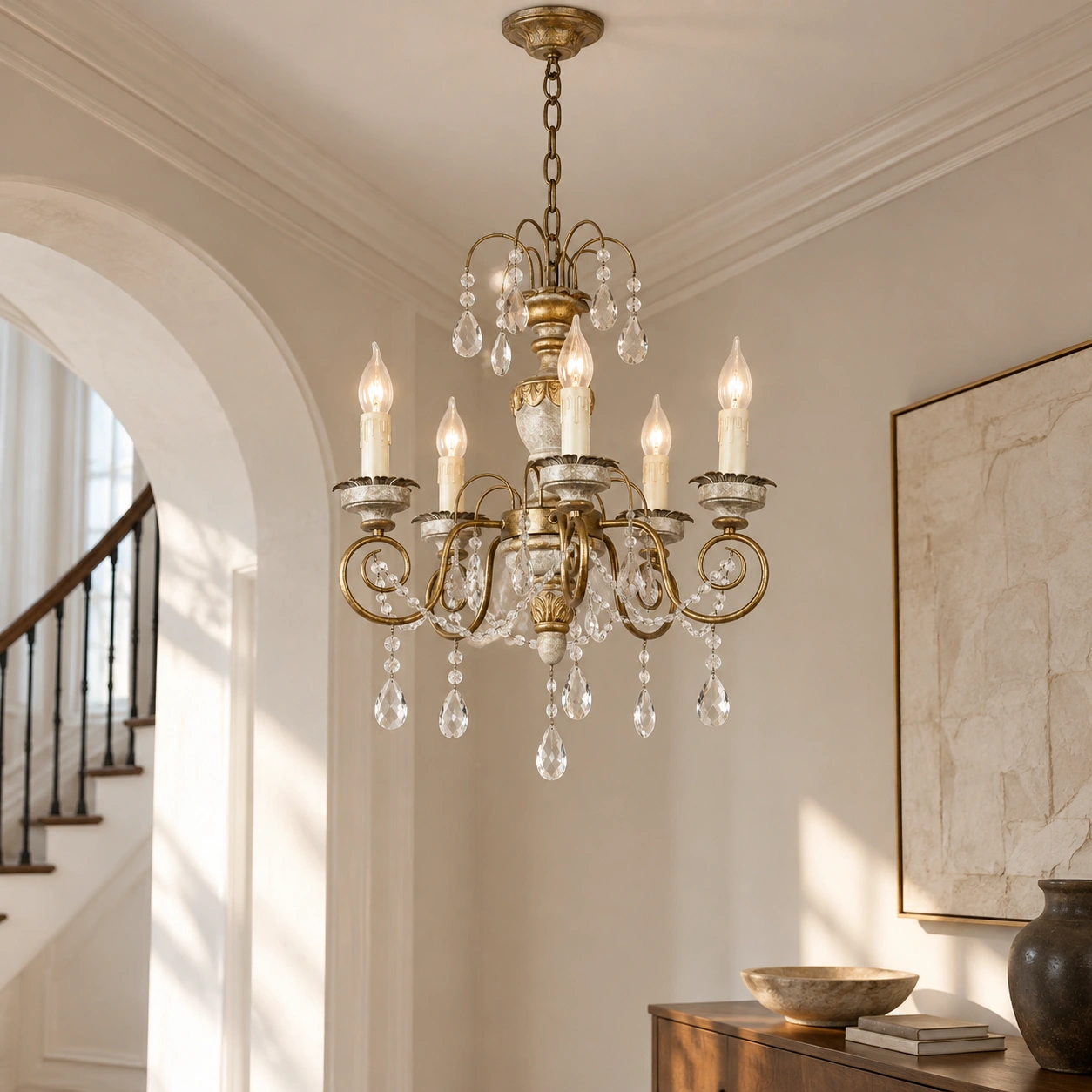 Edward five-light iron and crystal chandelier scene 04 foyer