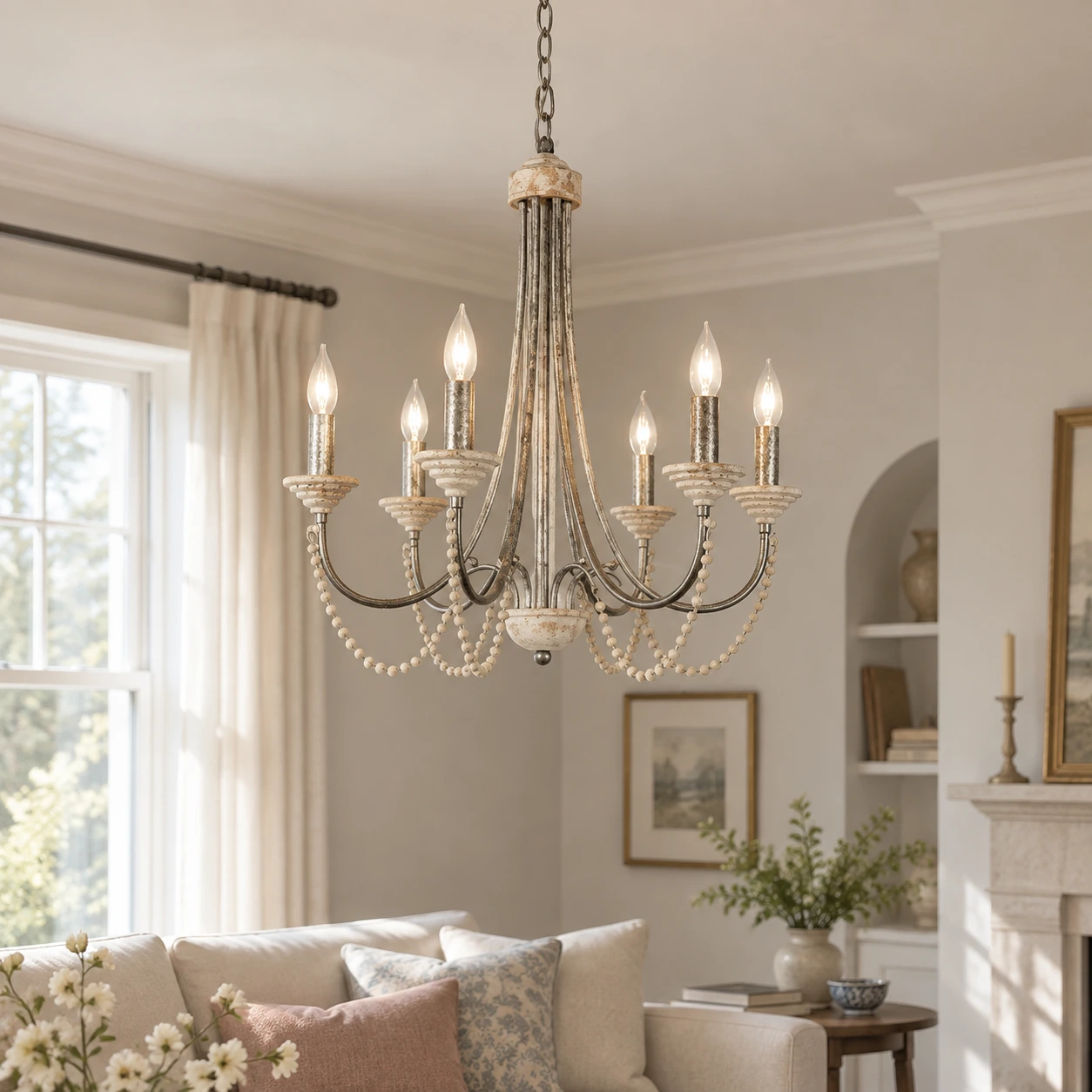 Antique silver six-light wood bead chandelier in a living room with irregular arm spacing