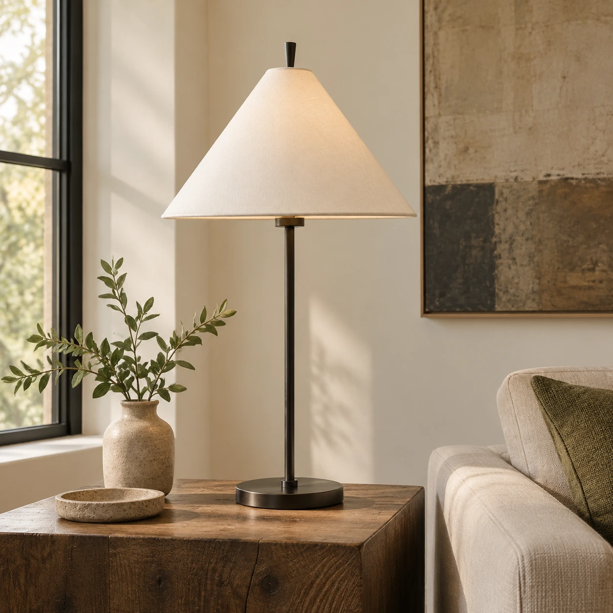 Lampe de table à abat-jour conique près d'une fenêtre et d'une chaise