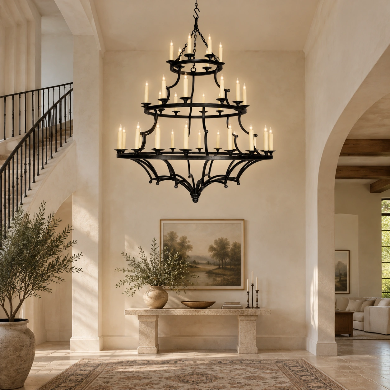 European rustic three-tier iron chandelier installed in an open foyer with a limestone console