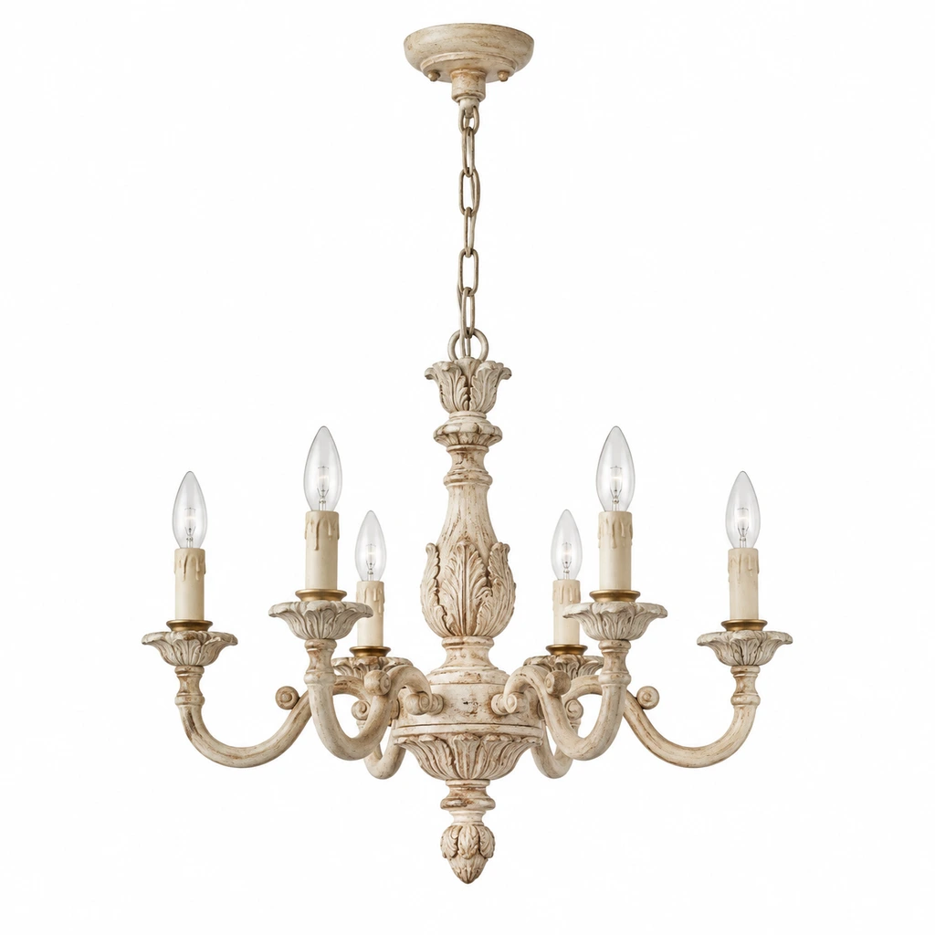Front view of Valencia carved ivory candle chandelier on white background