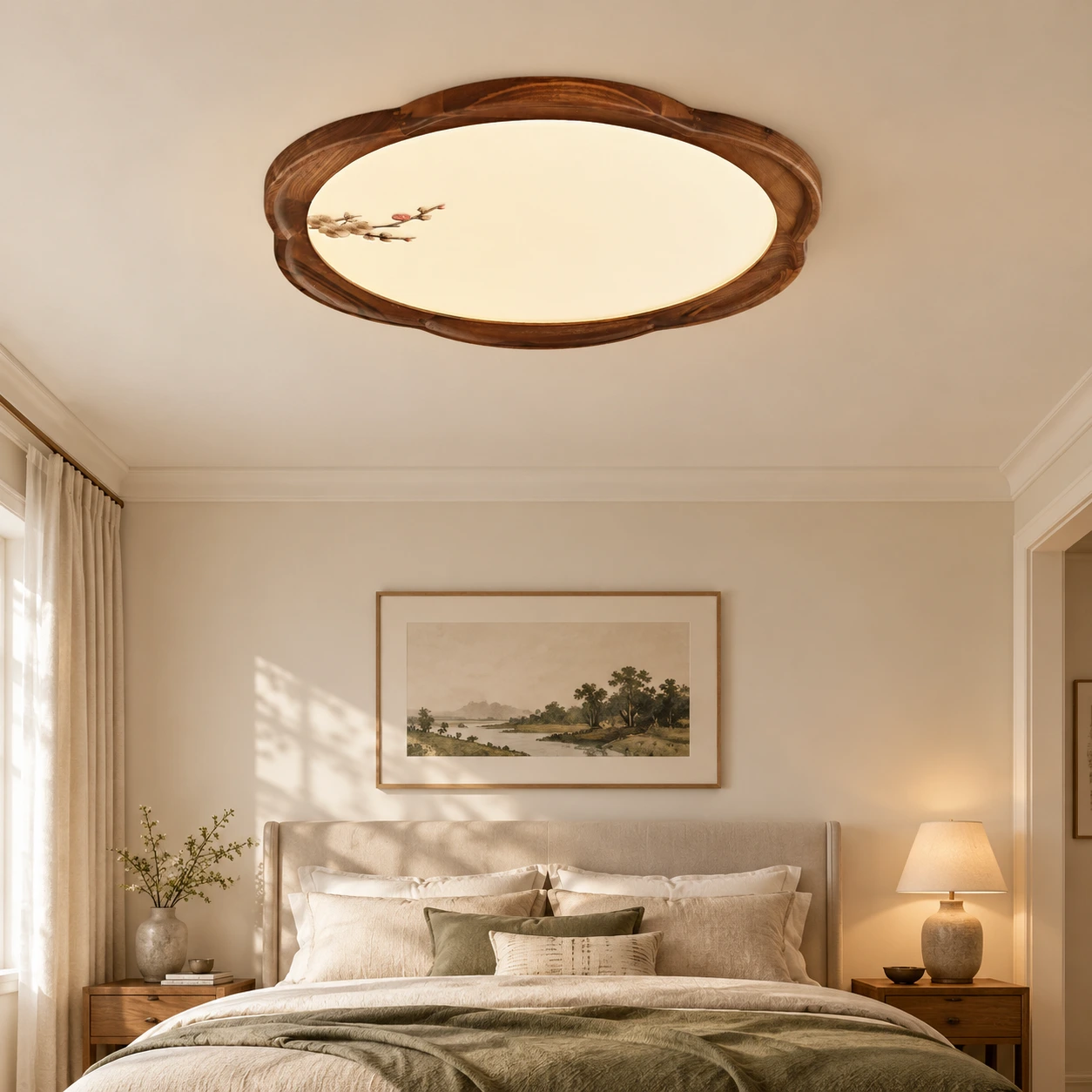 Walnut flush mount ceiling light in a bedroom
