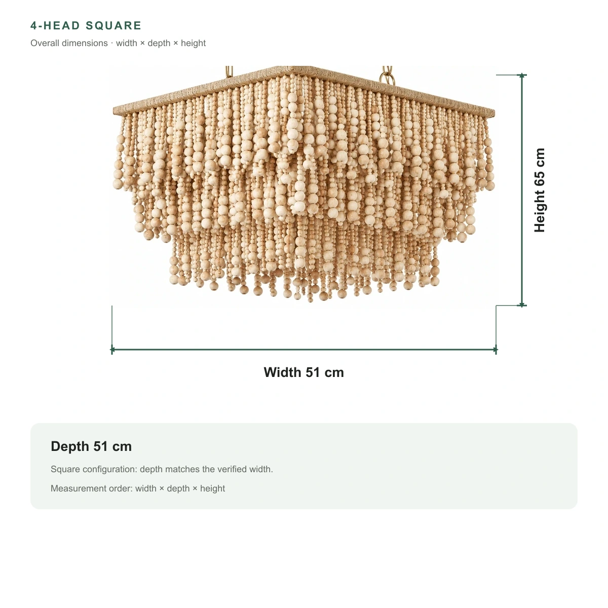 4-head square natural wood bead chandelier dimensions: 51 cm width, 51 cm depth, 65 cm height