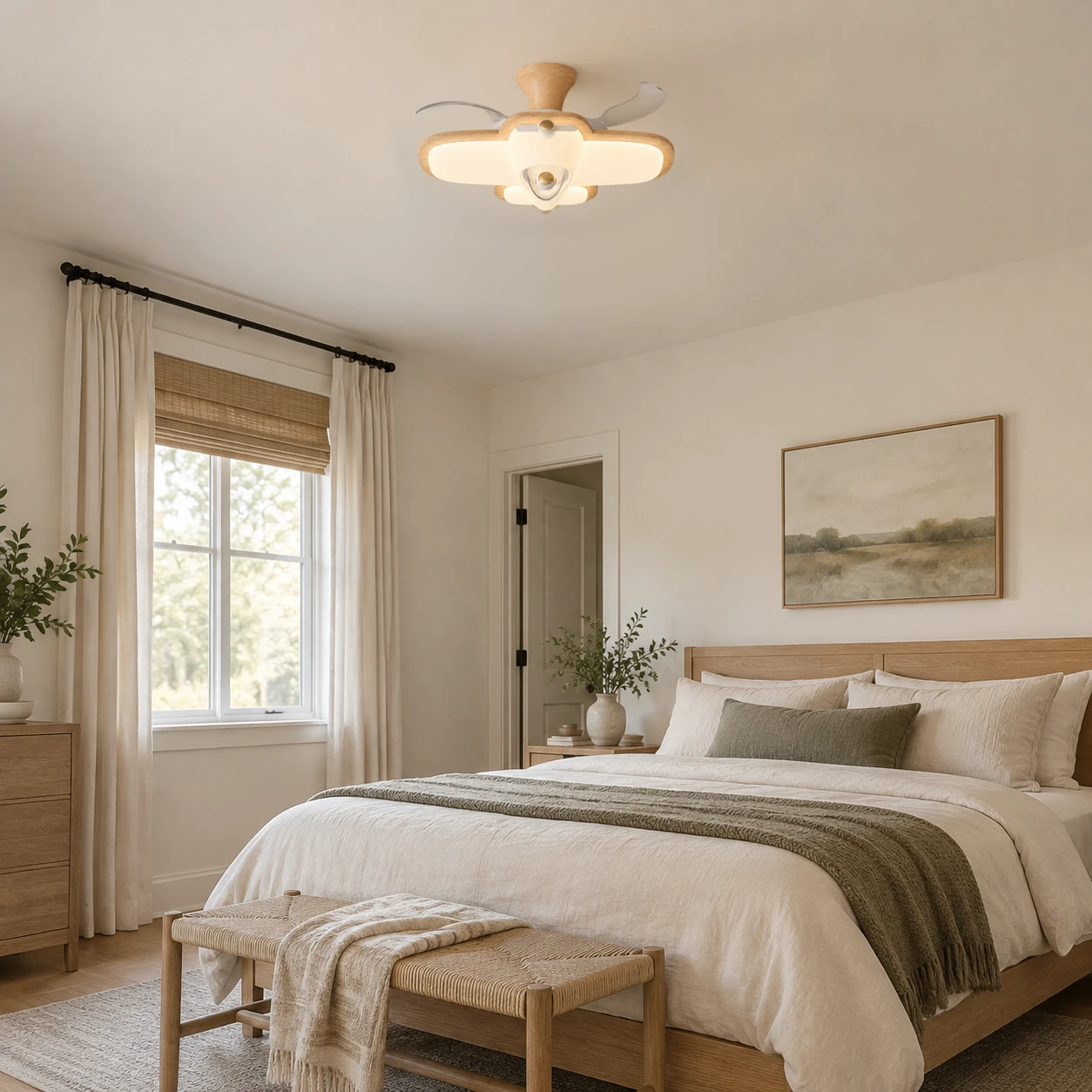 Natural Wood integrated ceiling fan light in a bedroom at realistic residential scale
