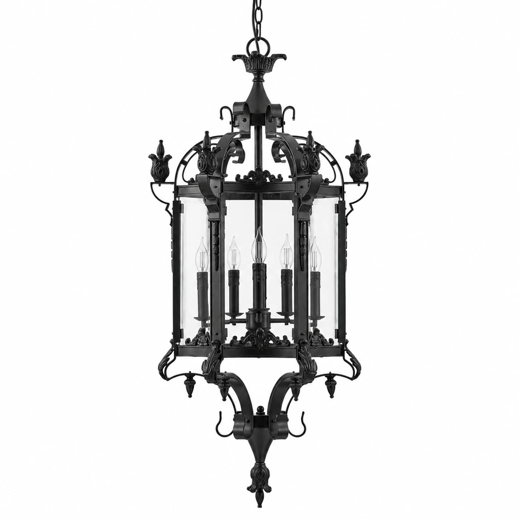 Celine large matte-black glass lantern chandelier on white