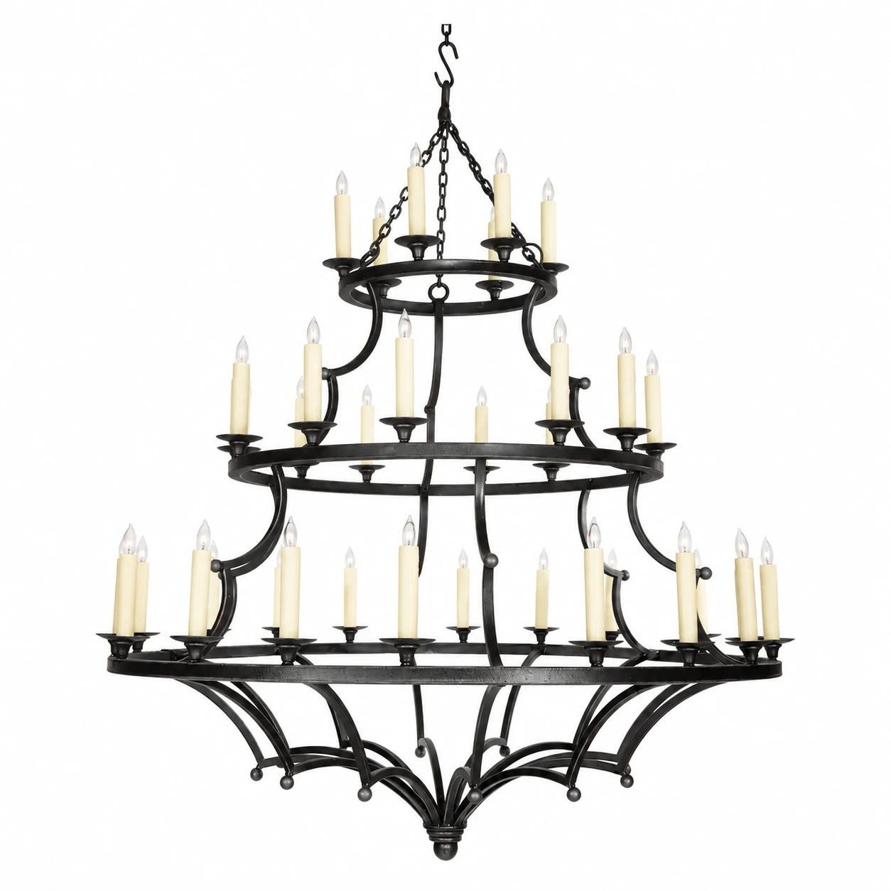 Small 24-head European Rustic Three-Tier Iron Chandelier on white background