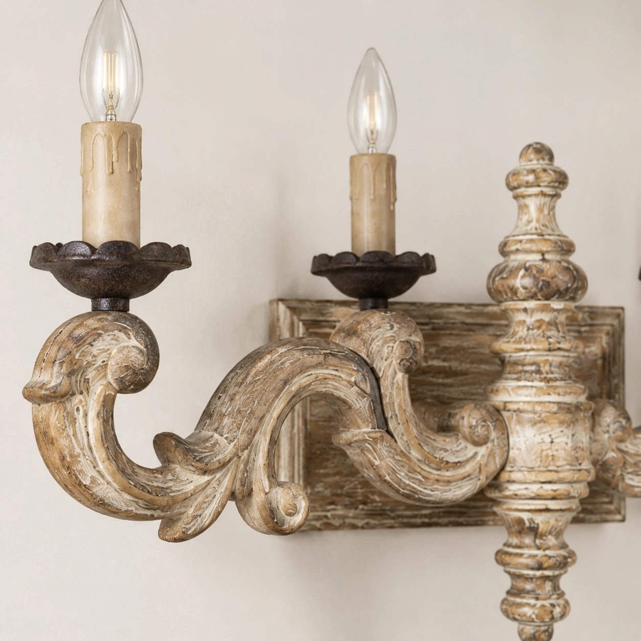 Avery carved solid wood wall sconce detail 02 iron