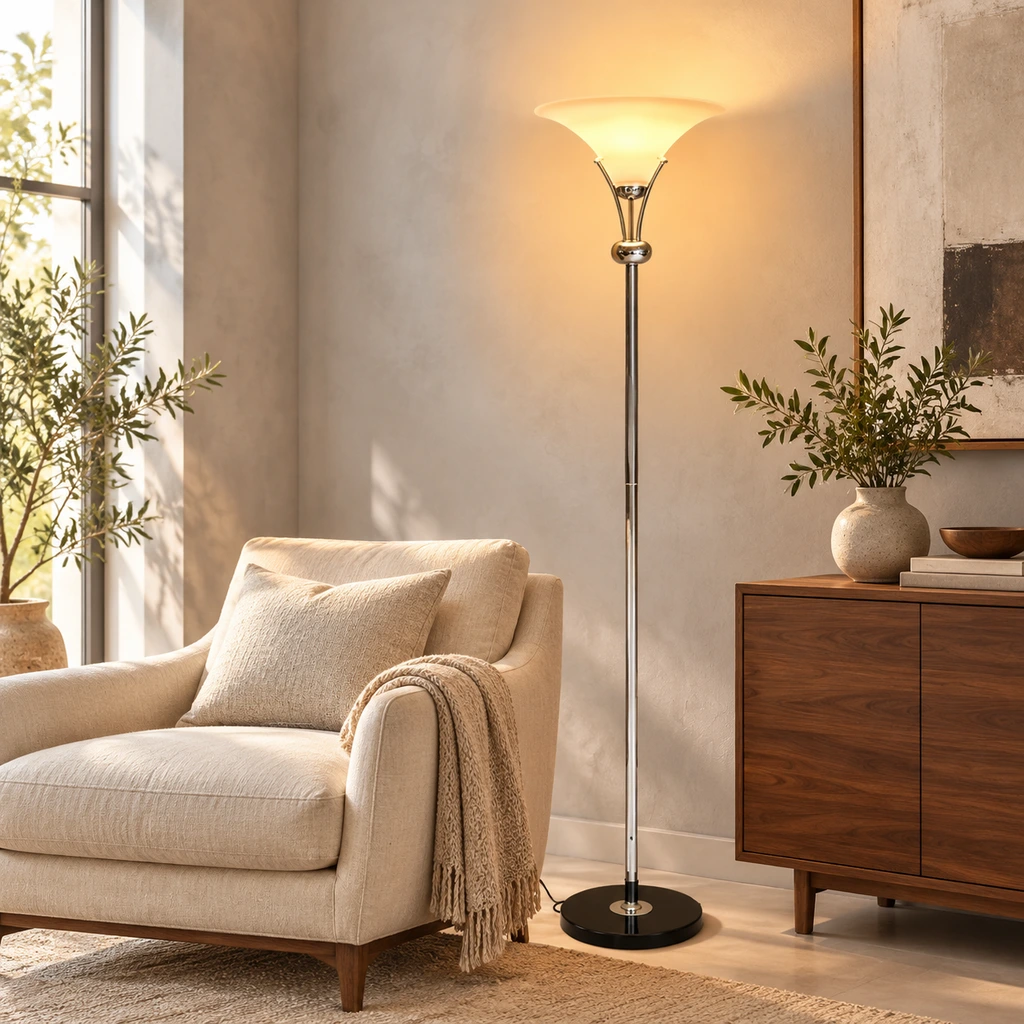 Uplight floor lamp next to a lounge chair