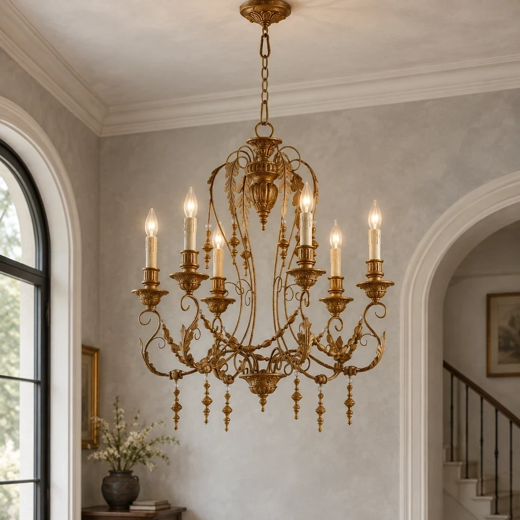 Merritt Vintage Sculpted Iron Chandelier with Six Lights illuminated in a pale plaster foyer