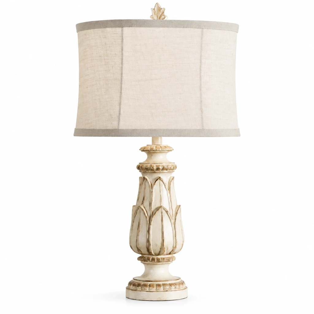 Front view of the Rustic Carved Floral Table Lamp on white background