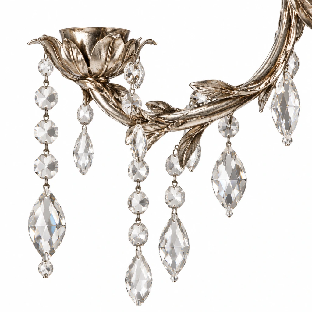 Close view of the curved iron arm and crystal drop chain