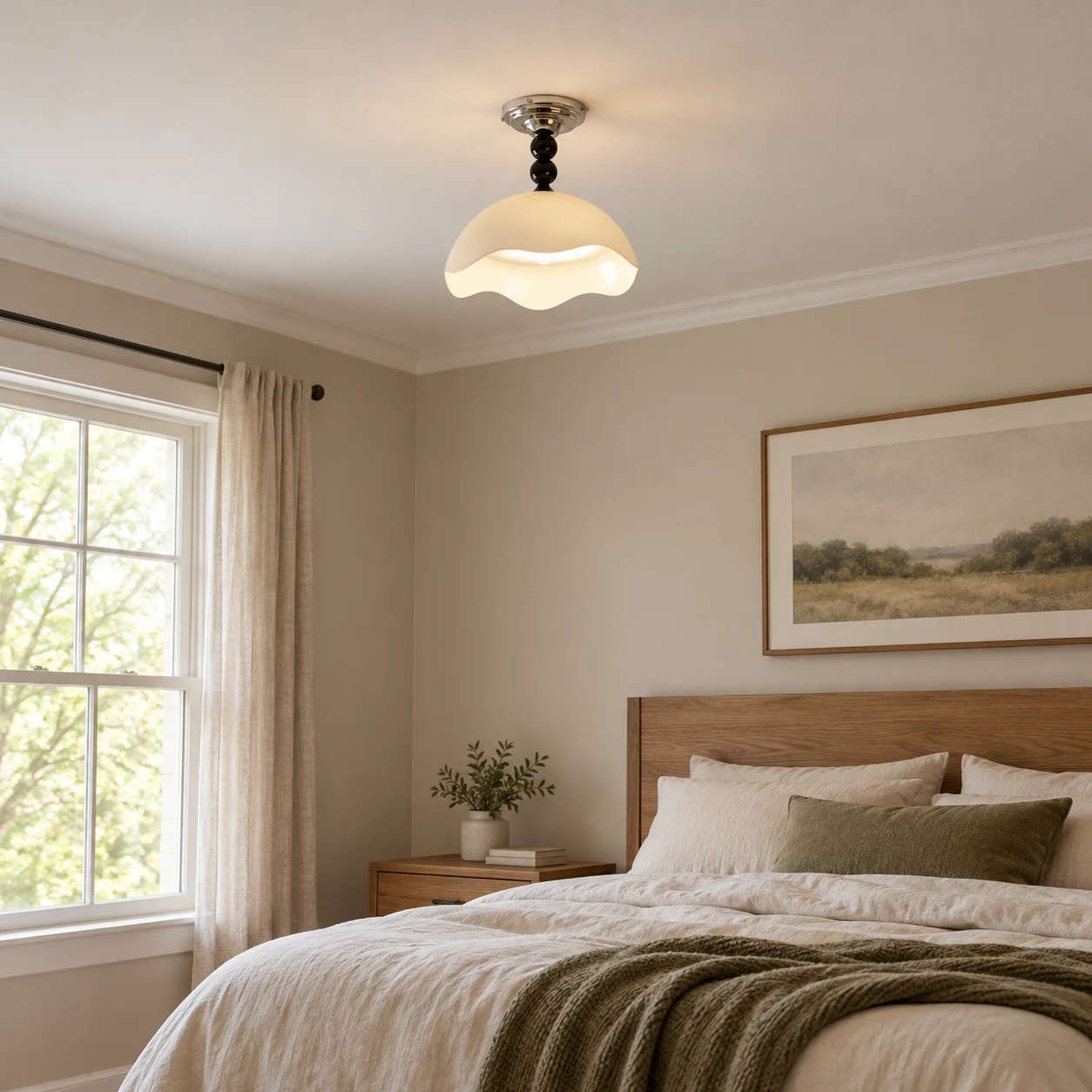Mira Memphis Scalloped Acrylic and Metal Flush Mount Ceiling Light — scene cream bedroom