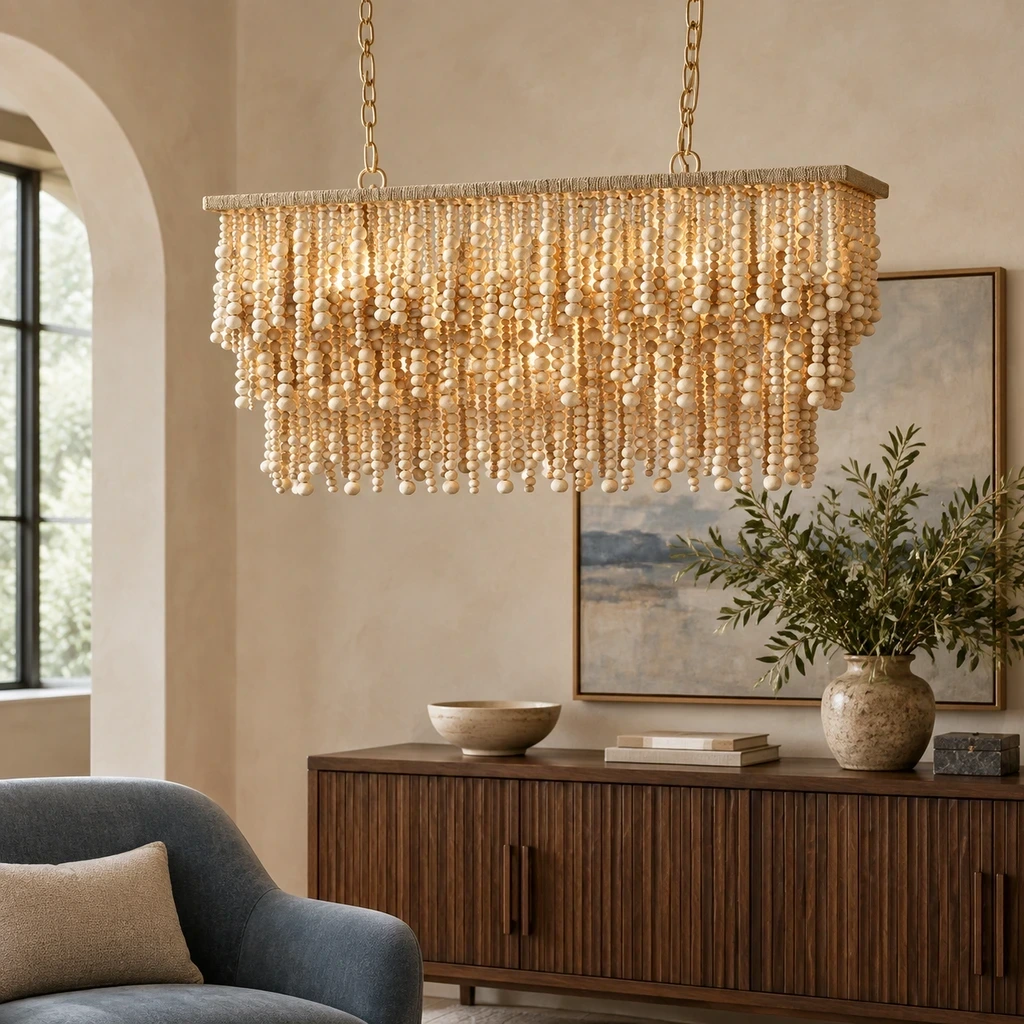 French Bohemian Natural Wood Bead Chandelier above a warm walnut console