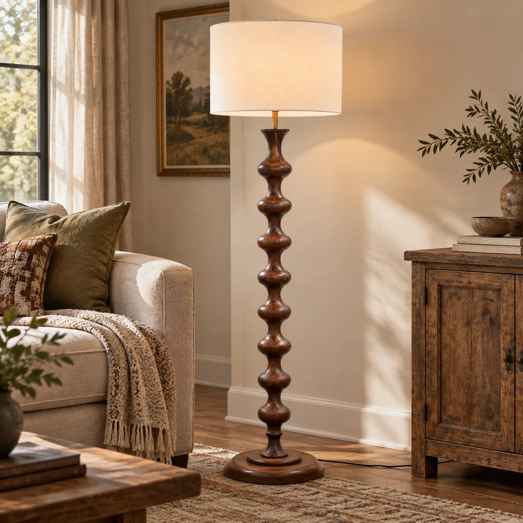 Avery sculpted walnut wood floor lamp in a breakfast room